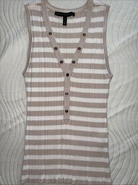 White House Black Market Beige and White Striped Sleeveless Knit Tank